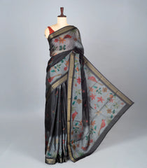 Black Woven Synthetic Cotton Saree With Printed Bird Motifs-BL4278
