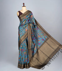 Blue Woven Synthetic Dupion Saree With Printed Kalamkari Motifs-BL4335