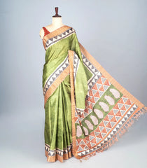 Green Woven Art Tussar Silk Saree With Printed Floral Motifs-BL4203