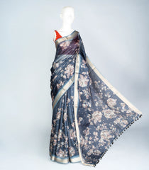 Dark Grey Woven Art Kota Silk Saree With Printed Floral Motifs-BL3883