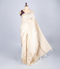 Cream Woven Synthetic Tussar Silk Saree With Floral Vine Motifs-BL4420