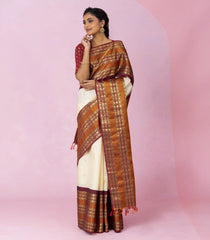Cream Handloom Korvai Kanchipuram Silk Saree With Zari Buttas-KA16348