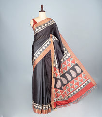 Black Woven Art Tussar Silk Saree With Printed Floral Motifs-BL4202