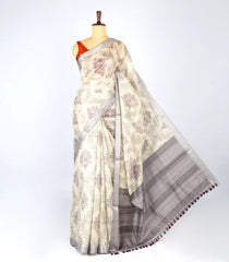 Off White Woven Synthetic Jute Saree With Printed Floral Motifs-BL4170