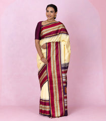 Cream Handloom Korvai Kanchipuram Silk Saree With Silk Thread Work Border-KA16349