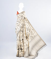 White Woven Art Tussar Saree With Printed Bird Motifs-BL3996
