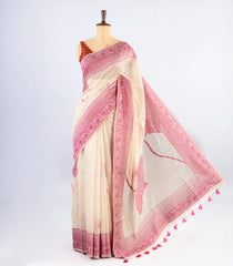 Off White Woven Art Chanderi Cotton Saree With Purple Floral Motifs-BL4141