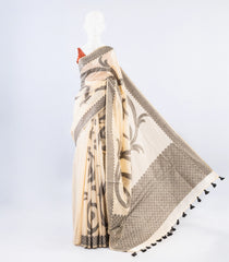 Off White Woven Art Chanderi Cotton Saree With Grey Floral Motifs-BL4143