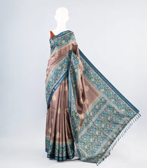 Grey Woven Art Tussar Saree With Stipes & Printed Floral Motifs-BL3993
