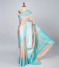 Taupe Woven Synthetic Tissue Saree With Floral Motifs & Turquoise Border-BL4345