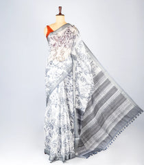 Off White Woven Synthetic Jute Saree With Printed Floral Motifs-BL4189
