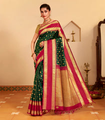 Dark Green Handloom Korvai Kanchipuram Silk Saree With Zari Checks & Buttas-KA15357
