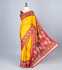Mustard Woven Synthetic Crackle Saree With Printed Geometric & Bird Motifs-BL4515