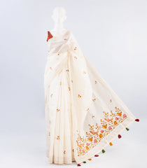 White Woven Synthetic Dupion Silk Saree With Embroidered Crane Motifs-BL4151