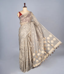 Grey Woven Synthetic Supernet Saree With Floral Motifs-BL4238