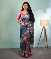 Indigo Printed Synthetic Tussar Silk Saree With Zari Border-SY0062