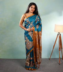 Blue Printed Synthetic Tussar Silk Saree With Contrast Border-SY0105