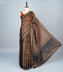 Dark Beige Woven Synthetic Cotton Saree With Printed Floral Motifs-BL4284