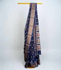 Navy Blue Woven Art Tussar Silk Saree With Printed Floral Motifs-BL3742