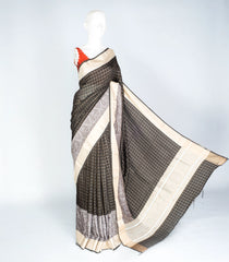 Black Woven Art Jari Dola Silk Saree With Zari Checks & Printed Floral Motifs-BL3904