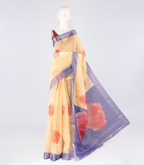 Sandal Woven Art Linen Saree With Printed Floral Motifs-BL3959
