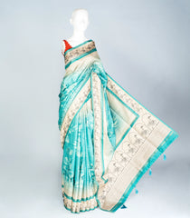 Turquoise Woven Art Tussar Silk Saree With Printed Floral Motifs-BL3885