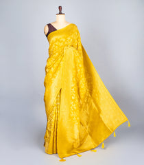 Mustard Woven Synthetic Tussar Silk Saree With Floral Vine Motifs-BL4422