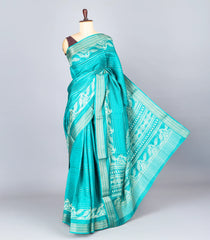 Turquoise Woven Synthetic Dola Saree With Stripes & Printed Bird Motifs-BL4498