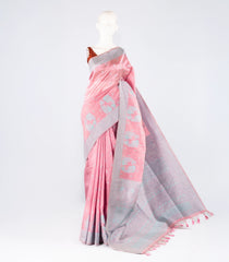 Dusty Pink Woven Art Linen Saree With Floral Motifs