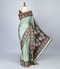 Shadow Green Woven Synthetic Crackle Saree With Printed Geometric & Bird Motifs-BL4516
