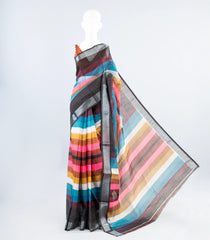 Multi Colour Woven Art Linen Saree With Printed Stripes-BL3960