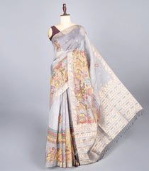 Grey Woven Art Chanderi Saree With Printed Goddess Motifs-BL4468