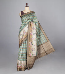 Multi Colour Woven Synthetic Dupion Saree With Stripes & Printed Motifs-BL4407