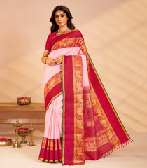 Baby Pink Handloom Korvai Kanchipuram Silk Saree With Zari Checks-KA15471