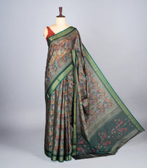 Bottle Green Woven Synthetic Cotton Saree With Printed Floral Motifs-BL4277