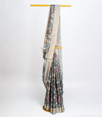 Dark Grey Woven Art Linen Saree With Printed Floral Motifs-BL3756