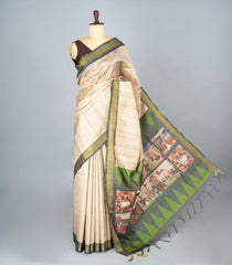 Taupe Woven Synthetic Dupion Saree With Printed Paintings In Pallu-BL4297