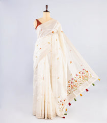 White Woven Synthetic Dupion Silk Saree With Embroidered Bird Motifs-BL4149