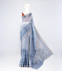 Steel Blue Woven Art Tussar Saree With Printed Floral Motifs-BL3955