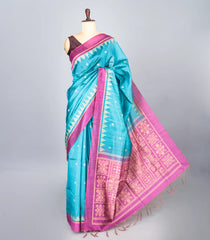 Cyan Woven Synthetic Dupion Saree With Floral Motifs & Contrast Border-BL4474