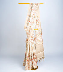 White Woven Art Tussar Silk Saree With Printed Floral Motifs-BL3710
