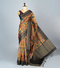Beige Woven Synthetic Dupion Saree With Printed Kalamkari Motifs-BL4333