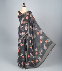Black Woven Synthetic Georgette Saree With Printed Floral Motifs-BL4212