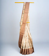 Beige Woven Art Tussar Silk Saree With Printed Bird Motifs-BL3699