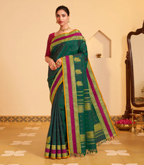 Dark Green Handloom Kanchipuram Silk Saree With Buttas-KA15473