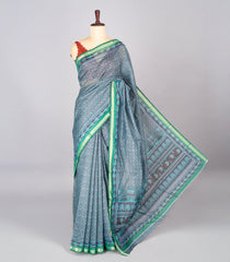 Blue Woven Synthetic Chanderi Saree With Printed Floral Motifs-BL4312