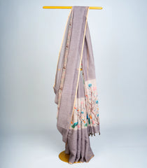 Grey Woven Art Linen Saree With Printed Peacock Motifs-BL3719