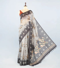 Grey Woven Synthetic Chanderi Cotton Saree With Printed Lord Krishna Motifs-BL4179