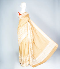 Beige Woven Art Jari Dola Silk Saree With Zari Checks & Printed Floral Motifs-BL3905