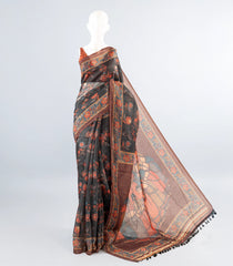 Dark Grey Woven Art Chanderi Saree With Printed Bird Motifs-BL3945
